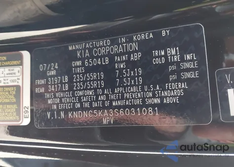 2025 Kia Carnival Mpv Hybrid Ex z USA, uszkodzony, nr VIN KNDNC5KA3S6031081